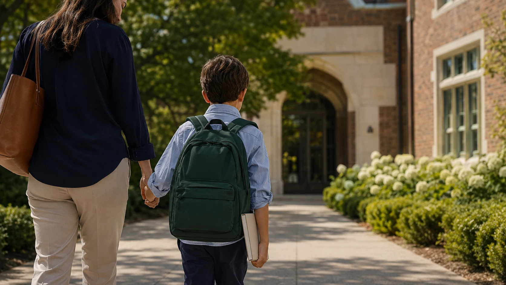 Family walking through a mature neighbourhood park